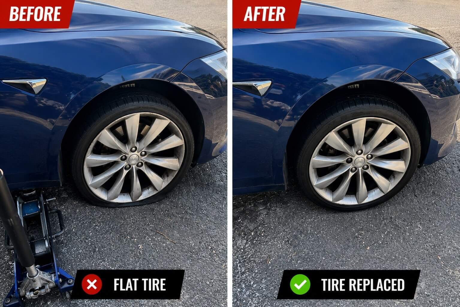 Mobile Tire Repair Alexandria VA 2 Before and after photos of a flat tire replaced on a customer vehicle
