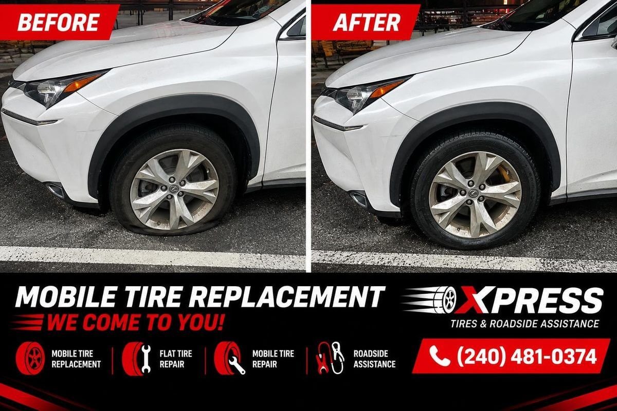 Mobile Tire Replacement 1 Before and after mobile tire replacement on a white Lexus SUV in Hyattsville MD